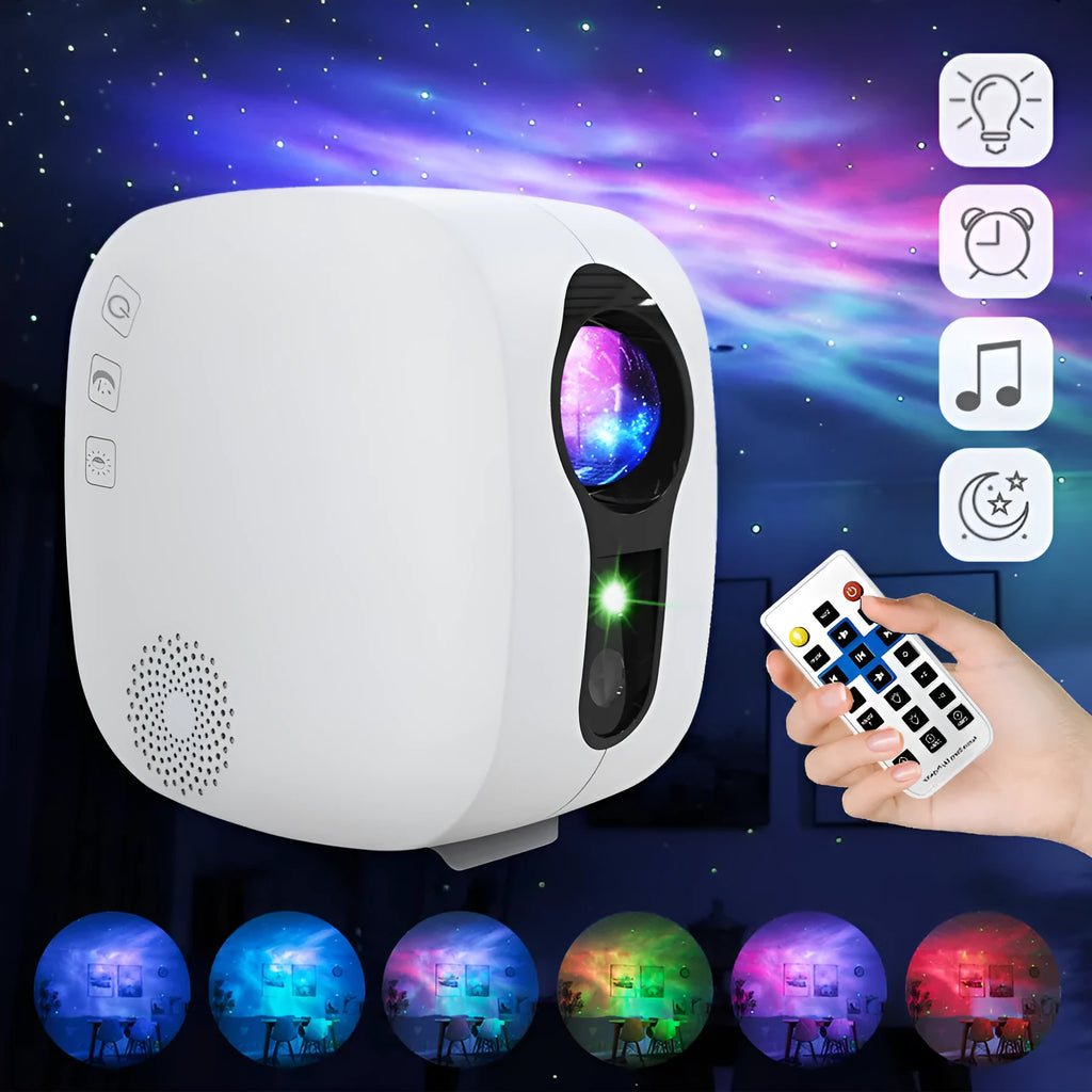 White laser starry sky projection lamp with nebula moon patterns and Bluetooth speaker functionality