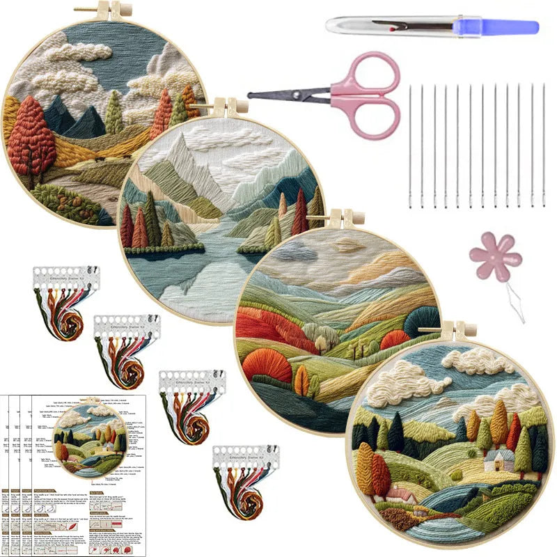 Embroidery DIY landscape kit with cotton fabric, bamboo frame, scissors, and thread for scenic designs