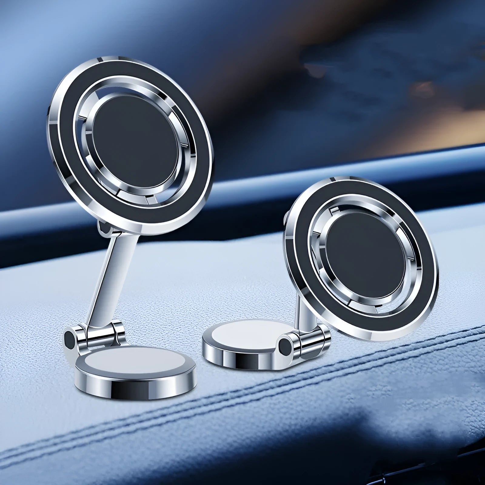 Magnetic 360-degree rotating car phone mount with adhesive installation in black or silver