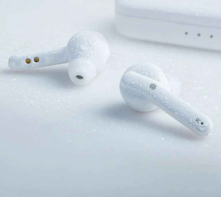 Black and white TWS wireless Bluetooth 5.0 earbuds with IPX5 waterproof rating