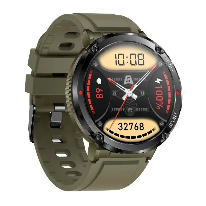 T30 smart watch with black silicone strap showing 52mm touch screen displaying heart rate and call interface