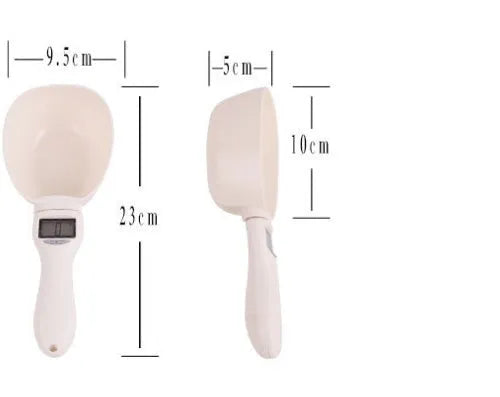 White ABS plastic smart weighing pet food shovel with digital display, 250ml capacity, 23cm length.