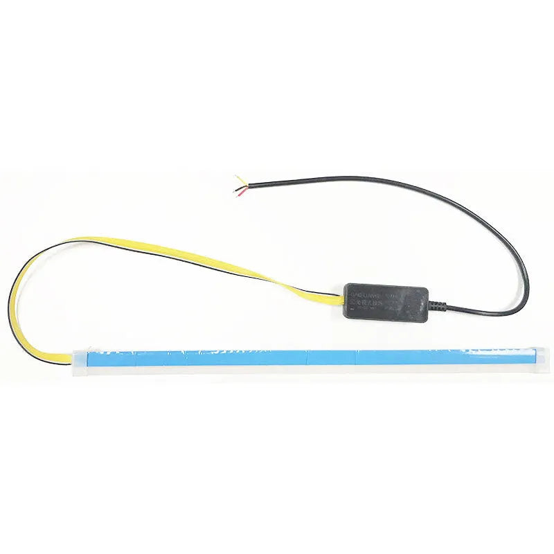 Car LED daytime running light strip with flowing turn signal indicators in silicone housing