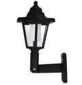 Black hexagonal solar wall lamp with solar panel, measuring 13x15x22cm