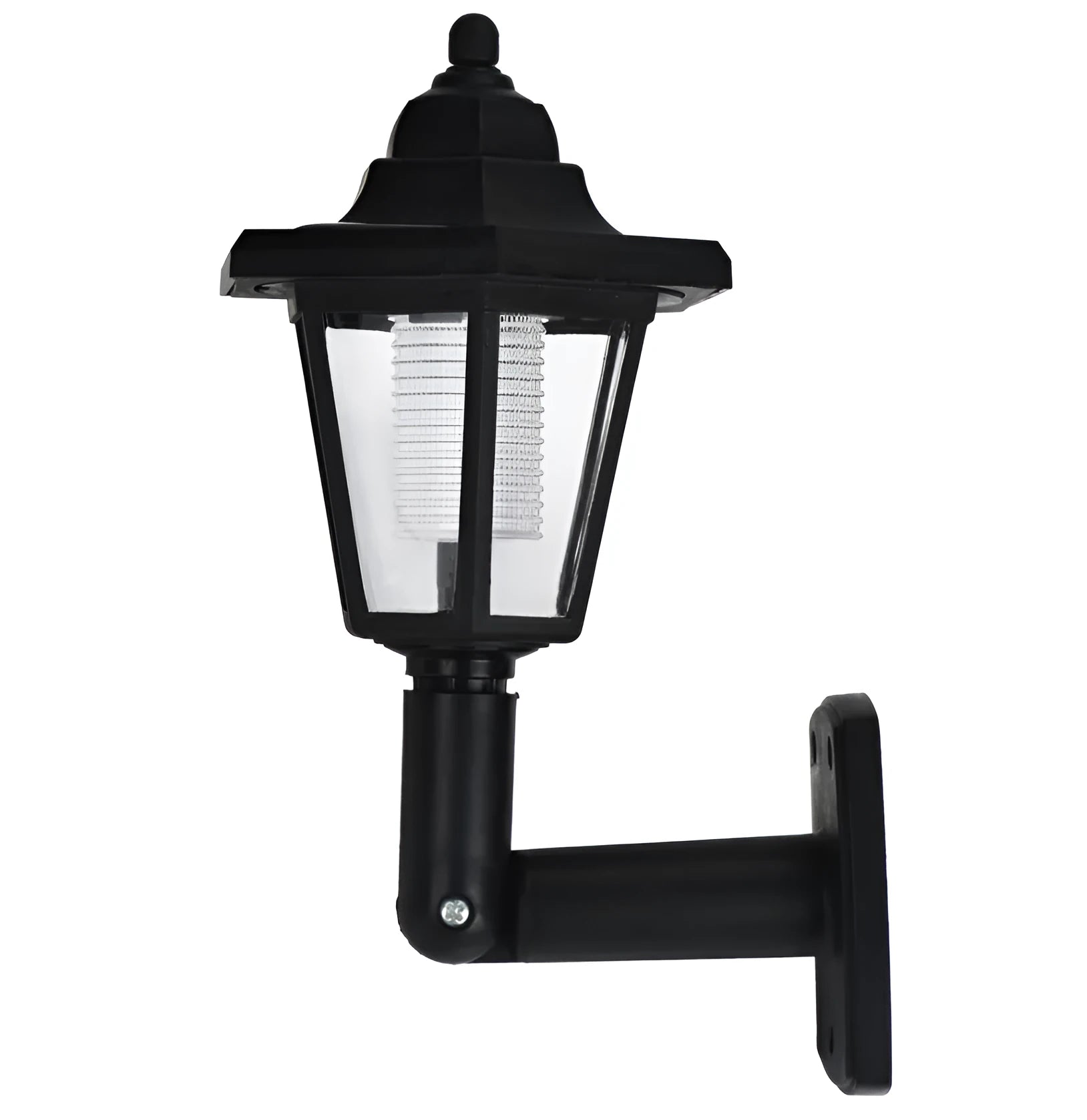 Black hexagonal solar wall lamp with solar panel, measuring 13x15x22cm