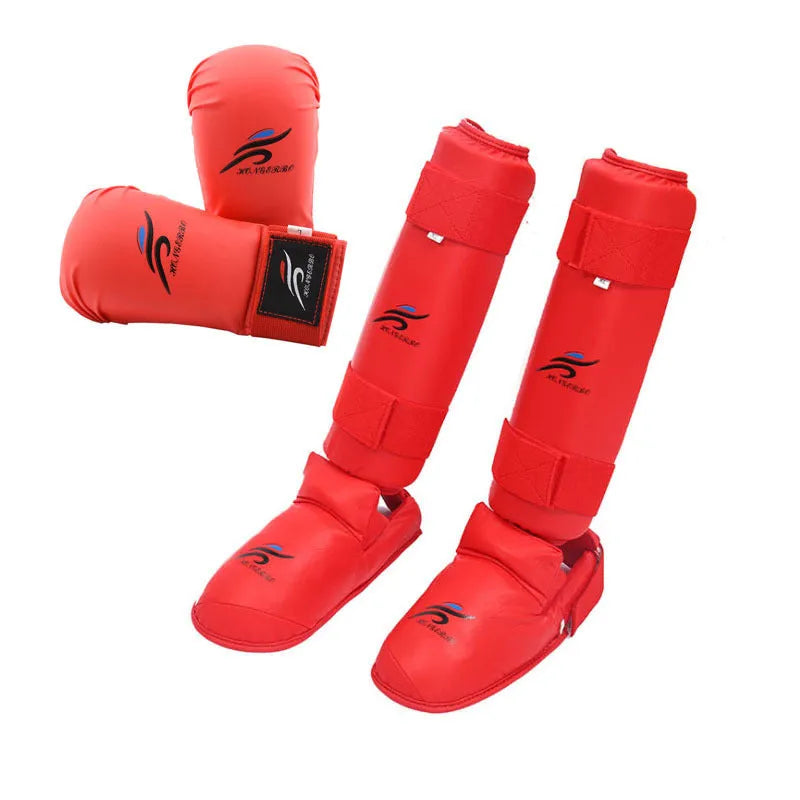 Red and blue karate protective gear set with helmet, boxing gloves, and leg guard