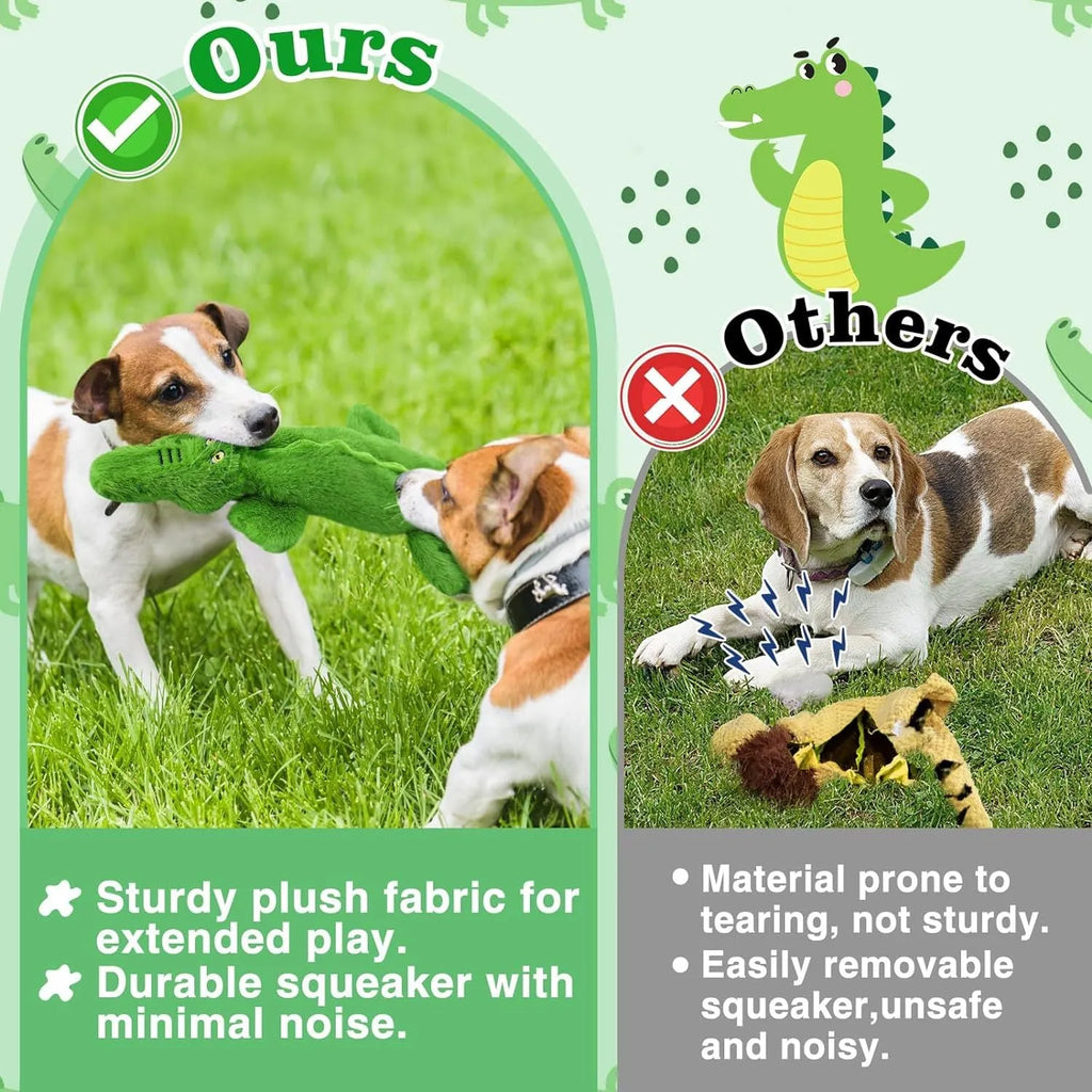 Green crocodile-shaped plush dog toy with no stuffing, squeaker in head and crinkle paper in tail