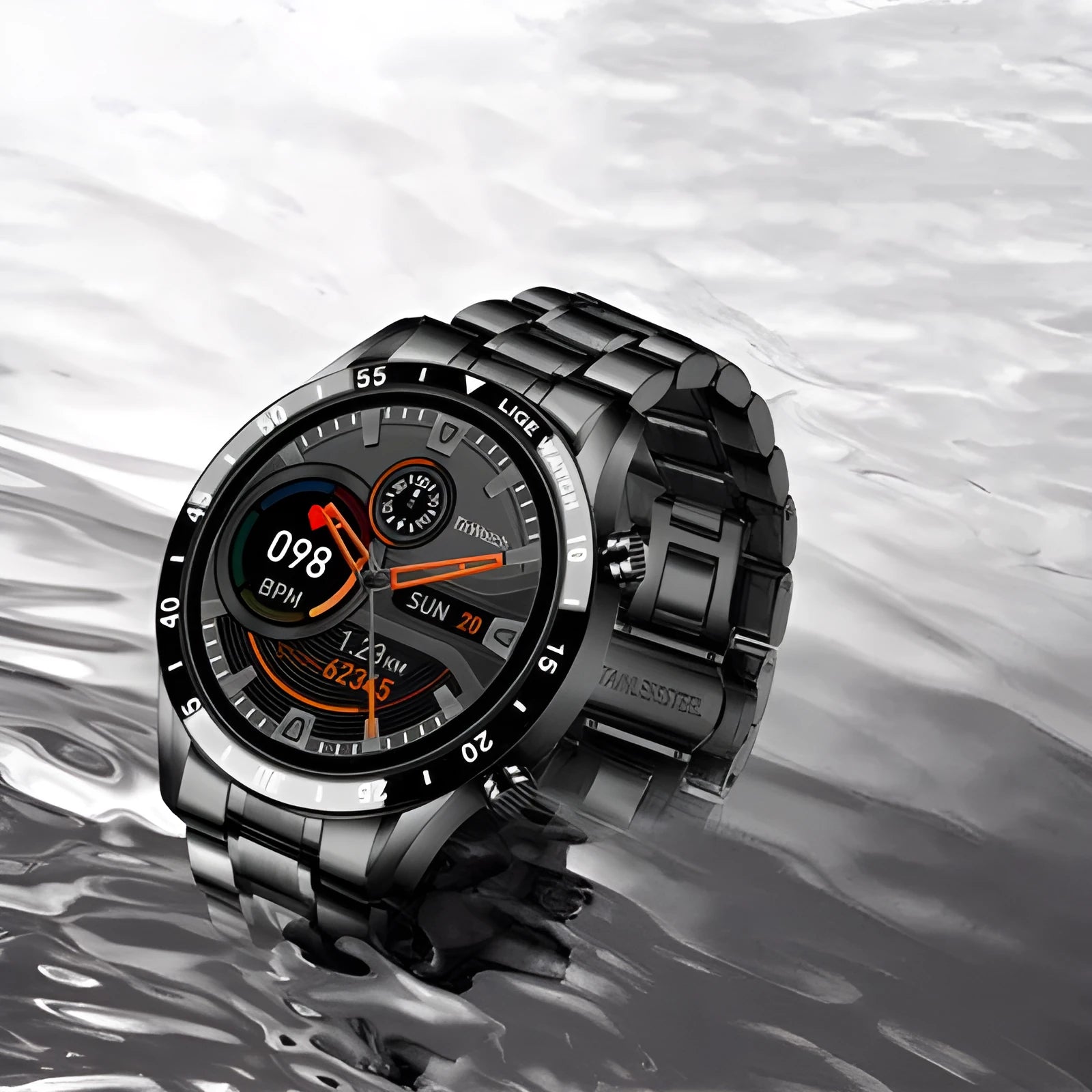 Smart watch with stainless steel wristband and 1.3-inch touch screen display showing step counter interface