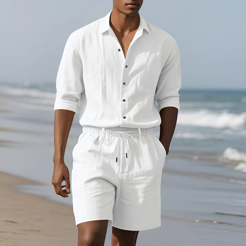 Linen casual long sleeve shirt and shorts beach set shown in one of five colour options.