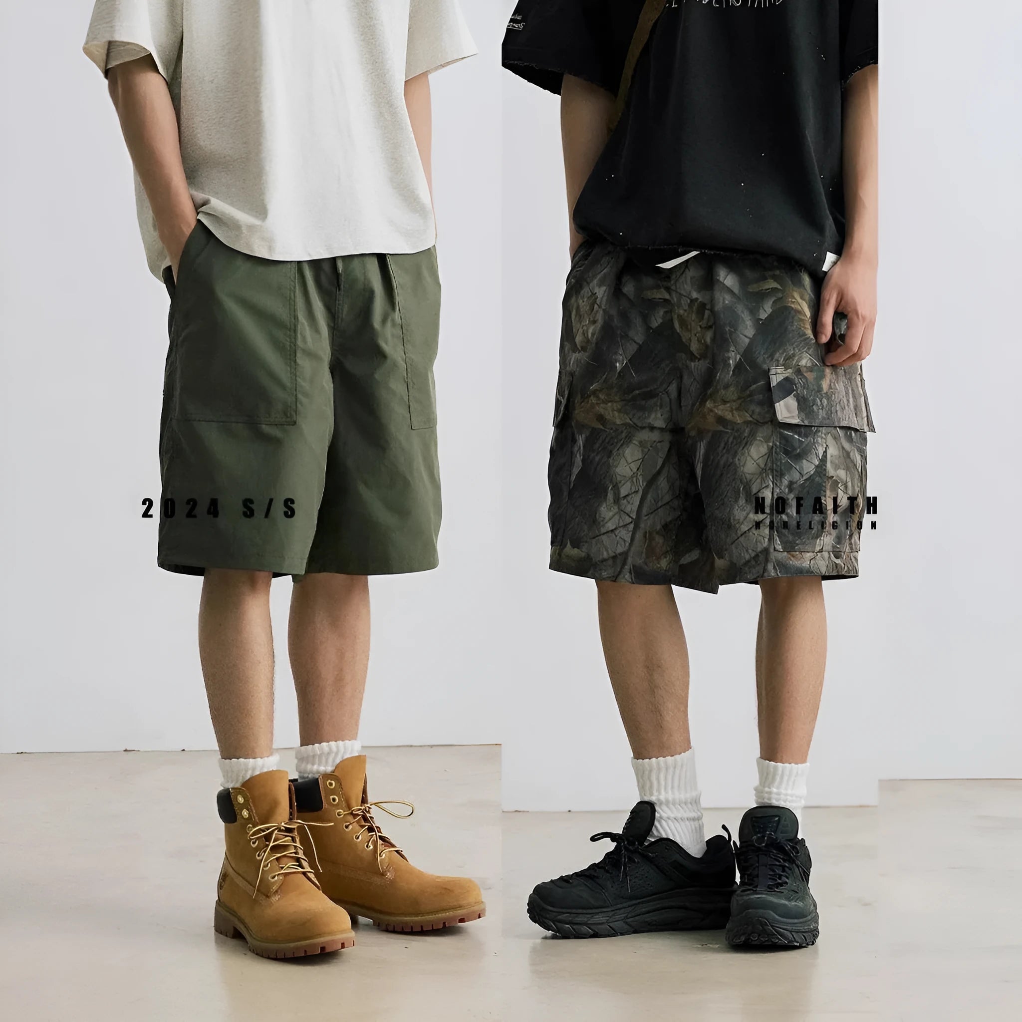Loose casual straight-leg denim shorts with elastic waist in black or army green colour
