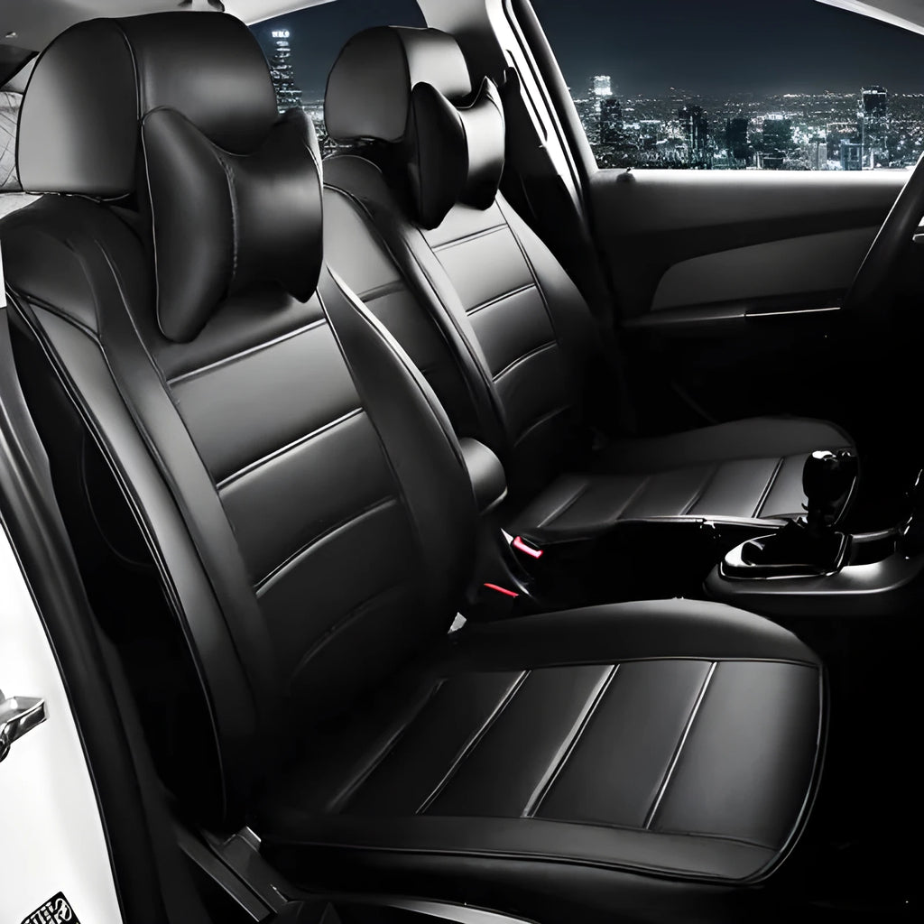 Genuine cow leather car seat cover in a black with red line colour option, showing binding style edge.