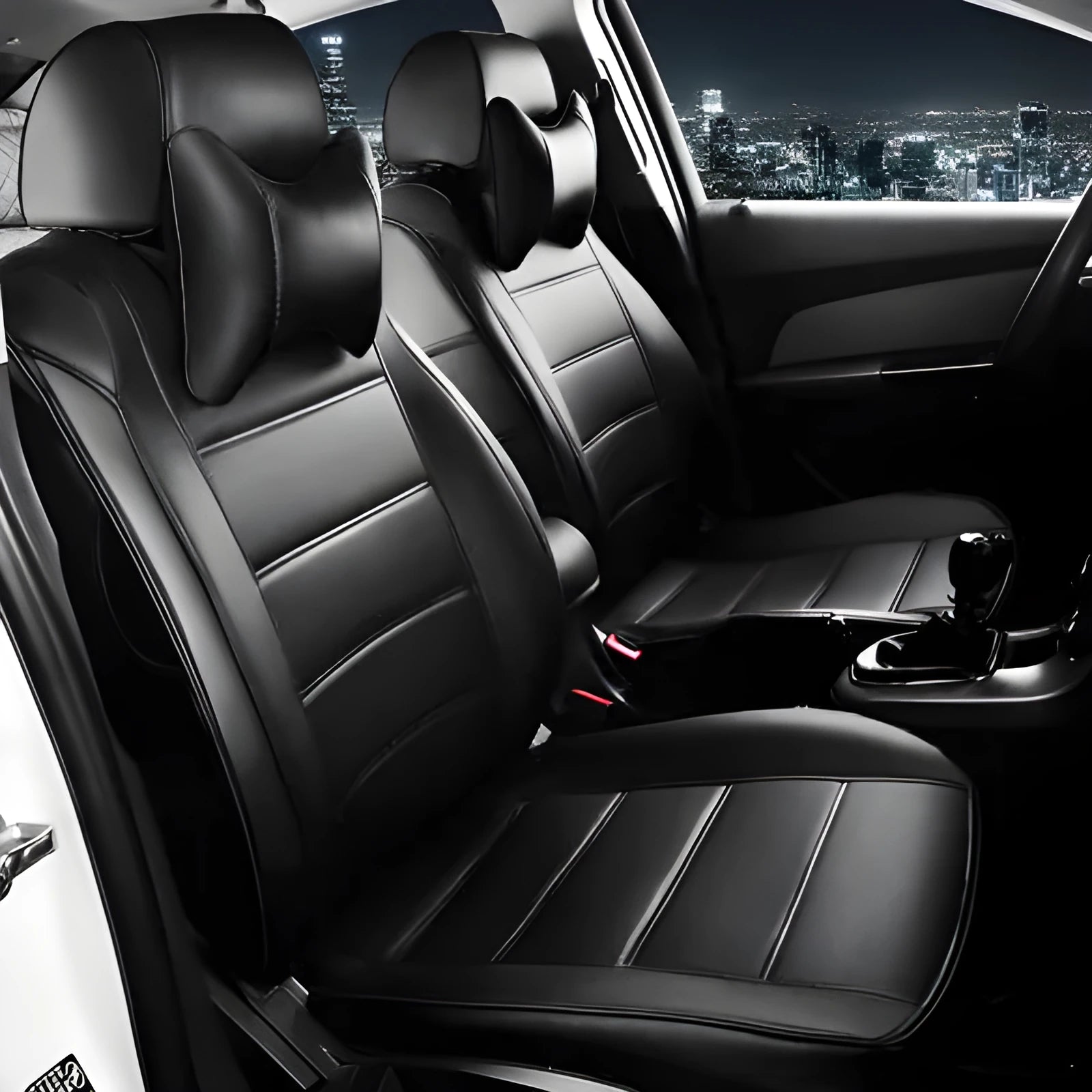 Genuine cow leather car seat cover in a black with red line colour option, showing binding style edge.