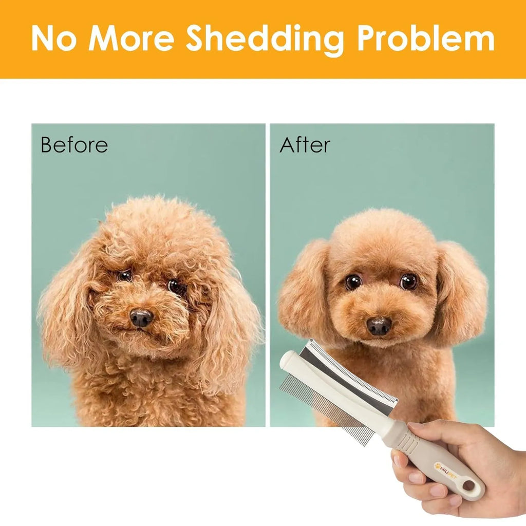 White double-sided dog cat deshedding brush with grooming comb and ergonomic handle.