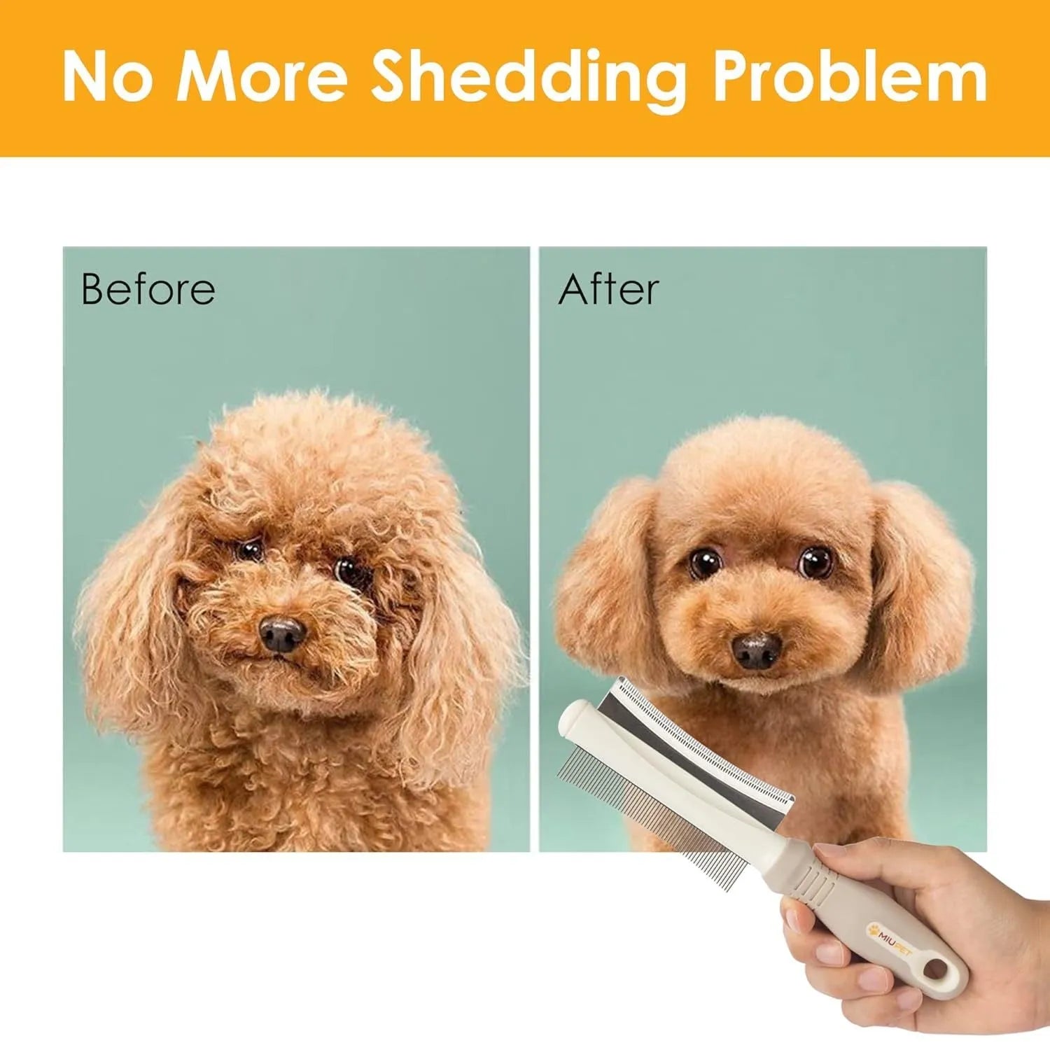 White double-sided dog cat deshedding brush with grooming comb and ergonomic handle.