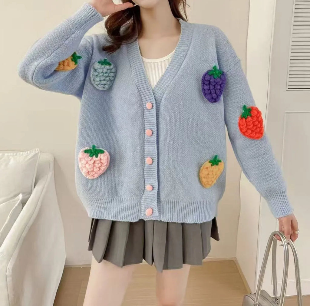Handmade embroidery thick knit cardigan in light blue with loose fit and long sleeves