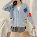 Handmade embroidery thick knit cardigan in light blue with loose fit and long sleeves