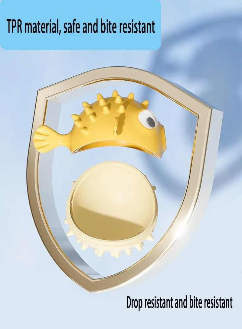 Green fish-shaped interactive dog toy with textured surface and treat dispensing opening