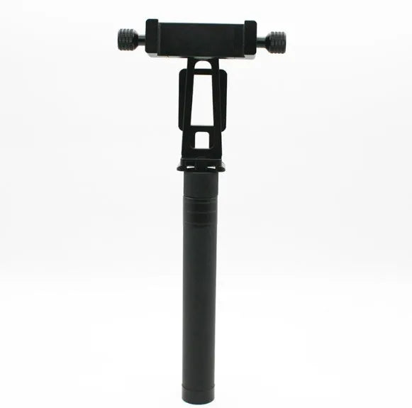 Black retractable selfie stick with hand-held stabiliser extended for smartphone photography