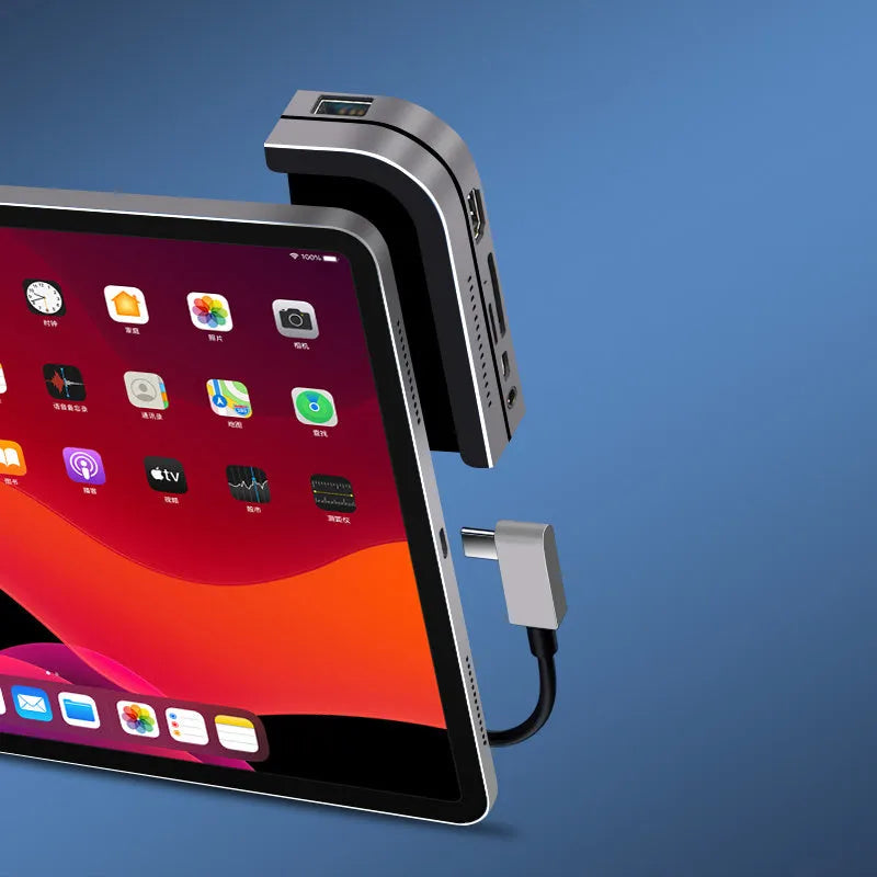 Silver aluminium grey USB C docking station for iPad Pro with HDMI, USB, and card reader ports