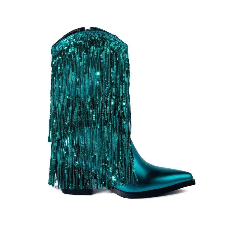Women's black ankle boots with tassel detail, chunky stiletto heel, and pointed toe on a white background.
