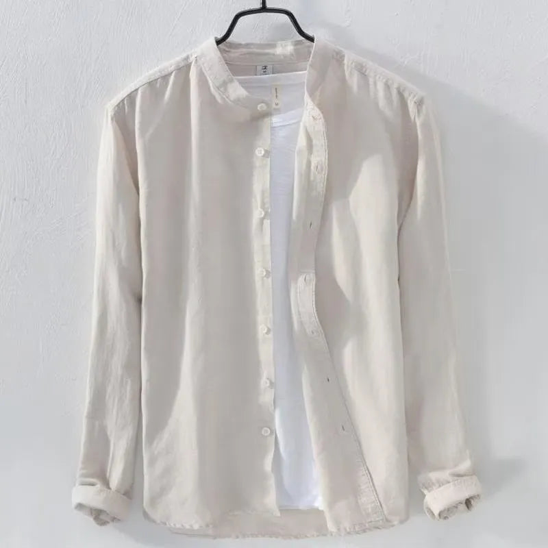 Men's loose casual long sleeve shirt in linen fabric, shown in a solid colour.
