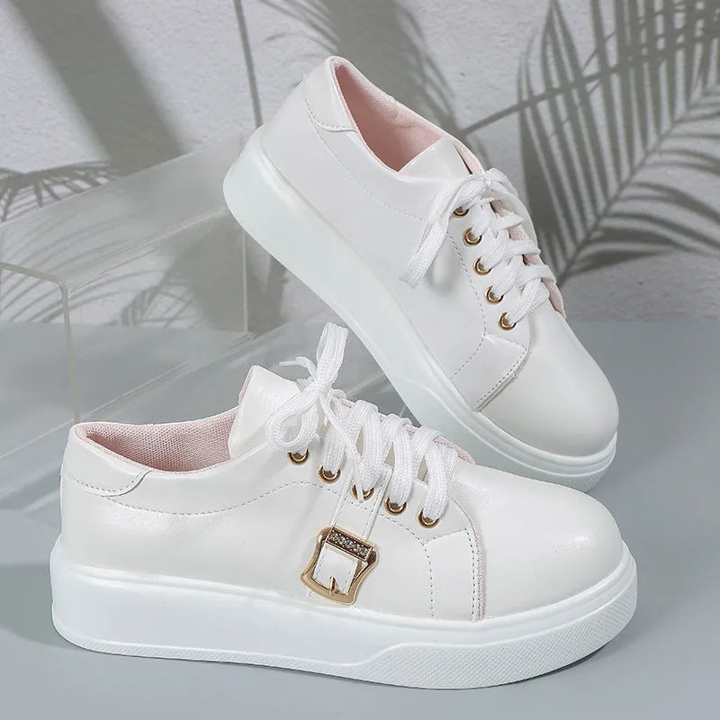 Lace-up flats with metal buckle design, round toe, artificial PU upper, rubber sole, front tie, available in black