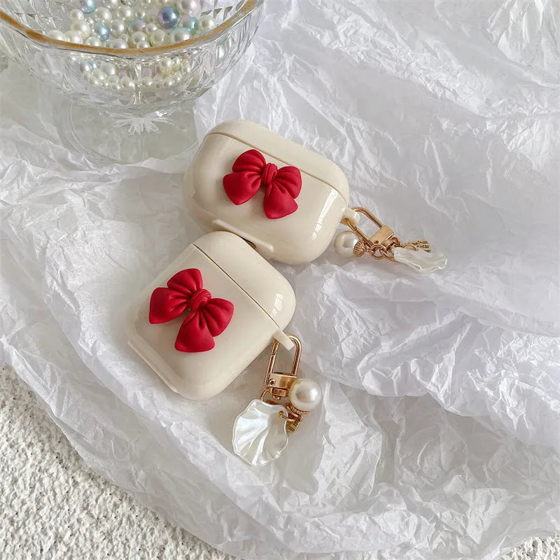 Beige red bow shell TPU clamshell case cover for AirPods and AirPods Pro