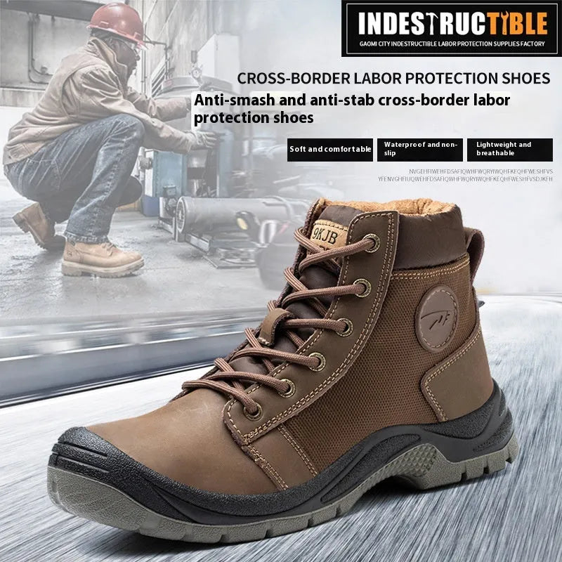 Leather labour protection safety shoes with rubber sole in orange, grey, green, and yellow colours.