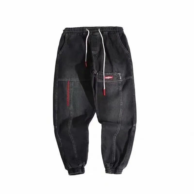 Plus size men's wide leg harem casual pants in black cotton denim with tie closure