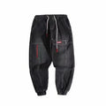 Plus size men's wide leg harem casual pants in black cotton denim with tie closure