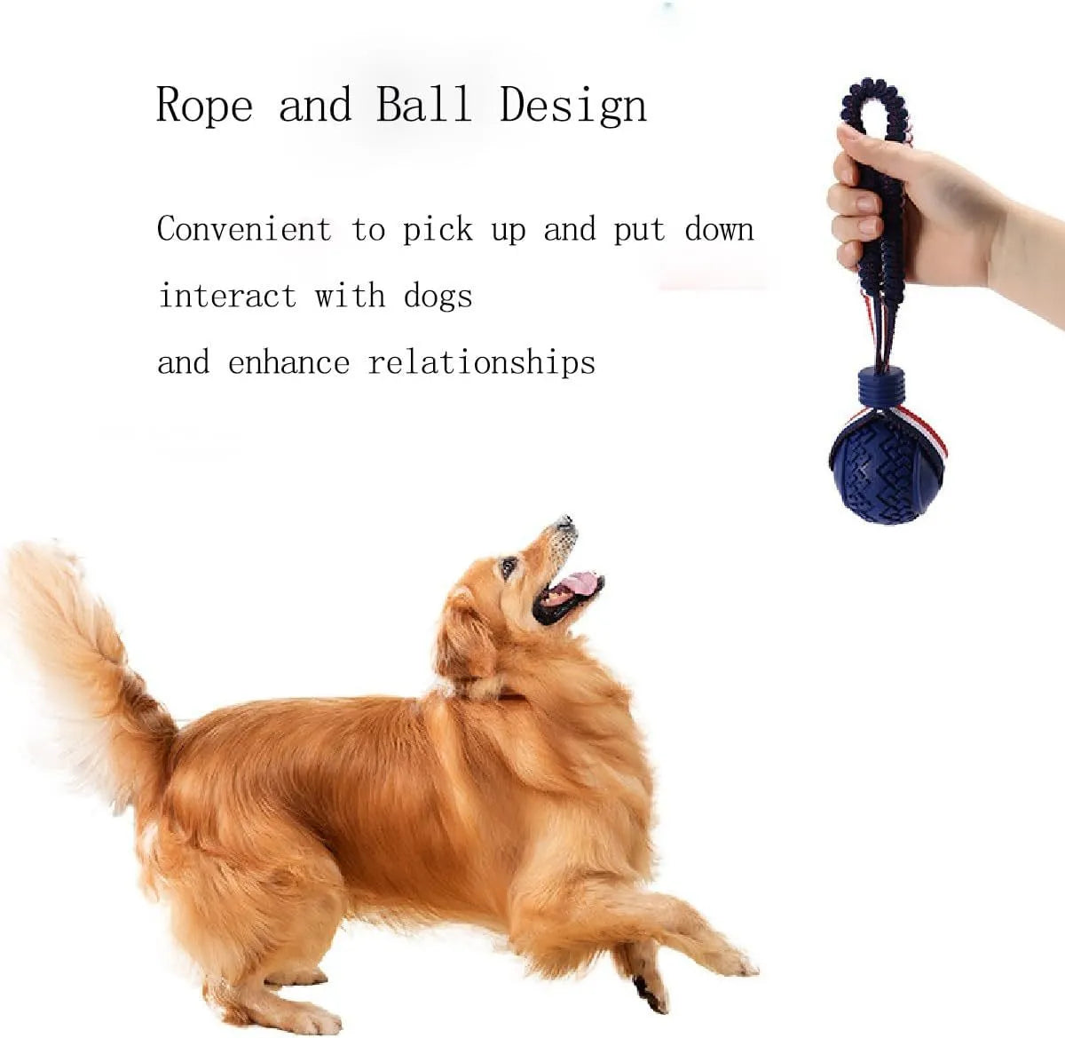 Blue natural rubber dog ball with rope attachment for small medium dogs