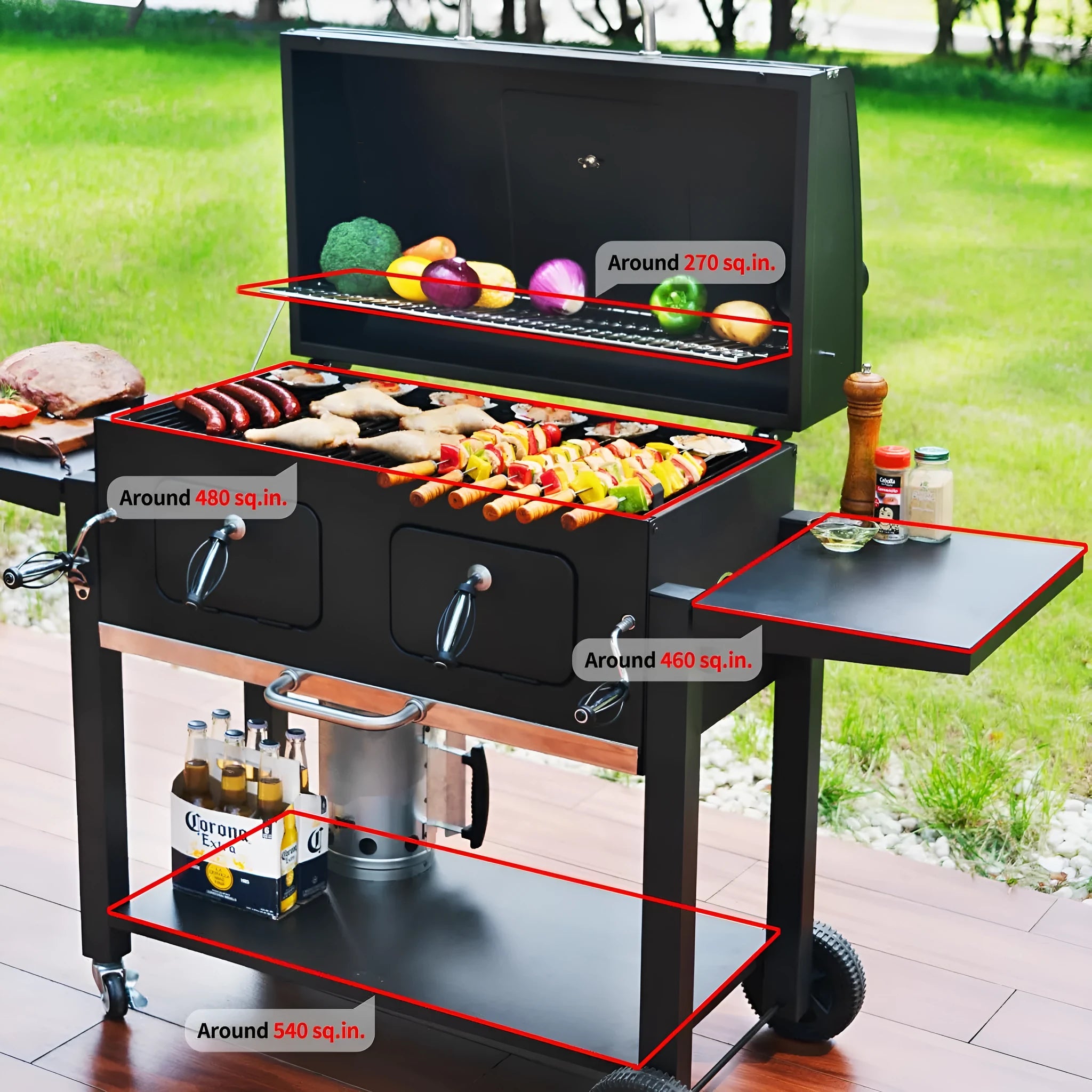 Extra large charcoal barbecue grill with foldable side tables and black metal body