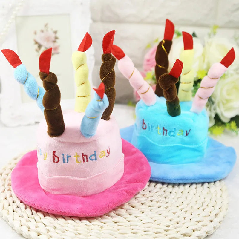 Blue dog birthday hat with attached toy measuring 21cm tall for small to medium breed celebrations
