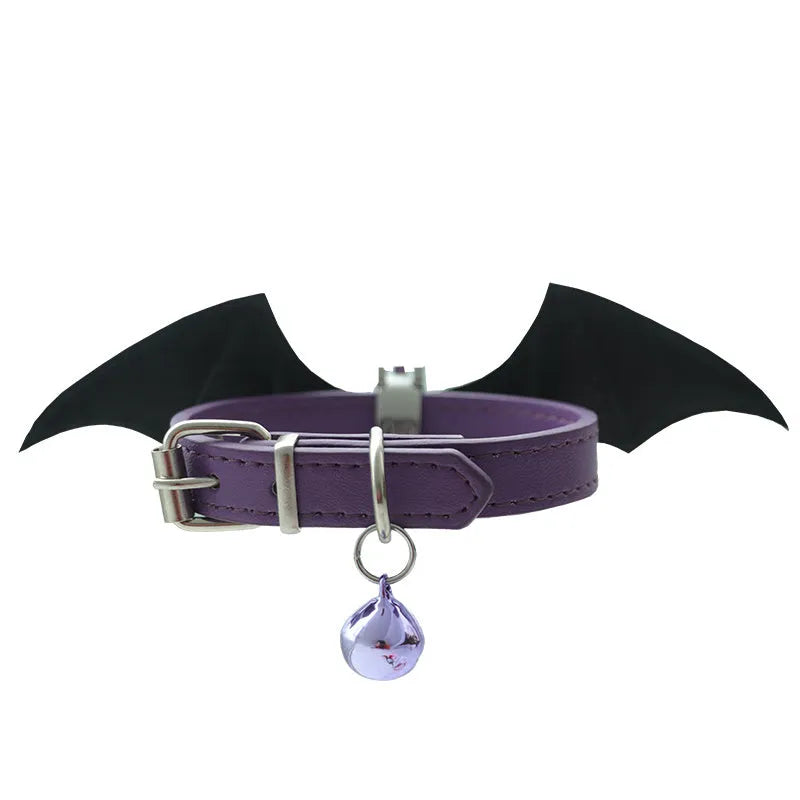 Small dog leather collar with devil wings design in patent leather satin