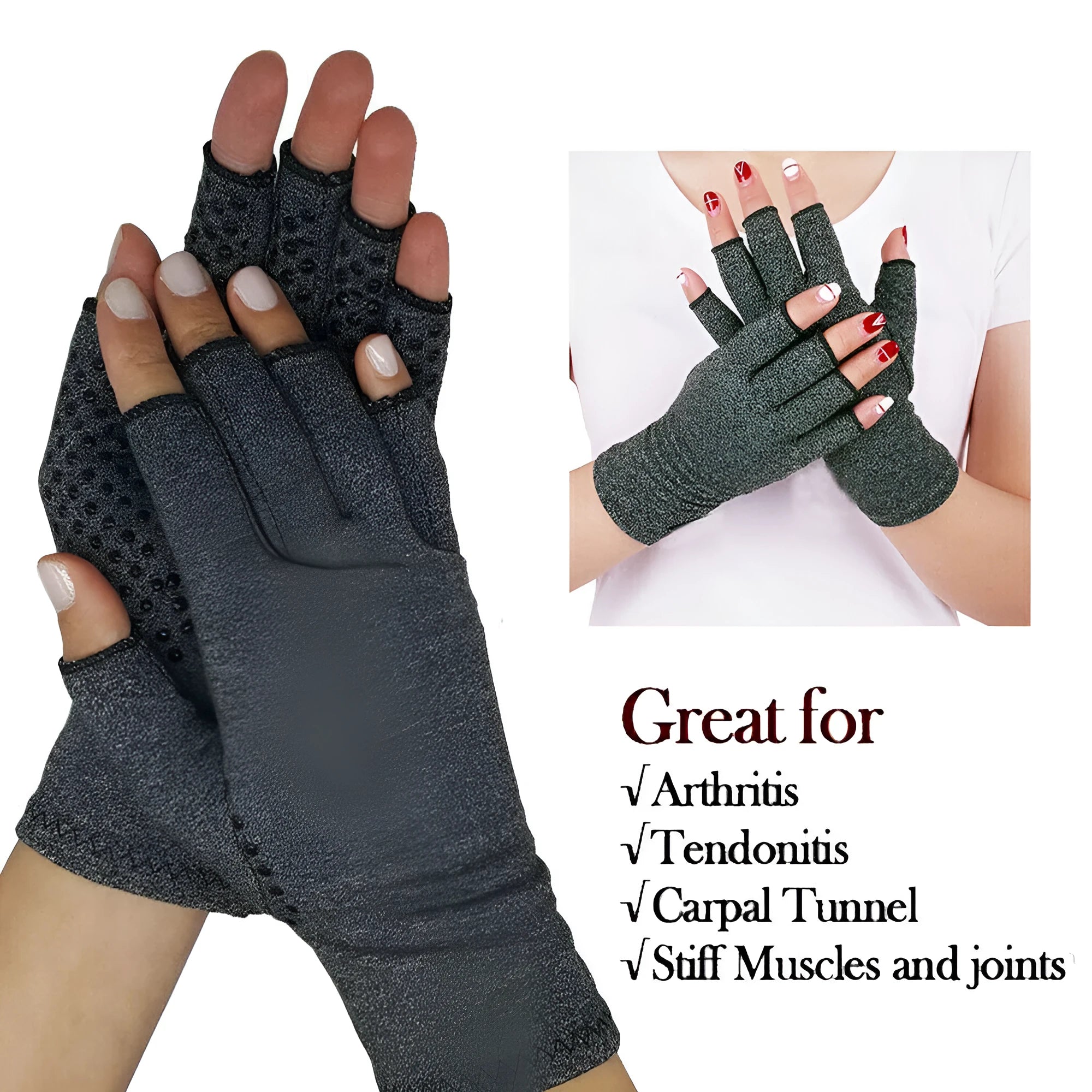 Grey half-finger joint compression gloves made from trueran spandex fabric with anti-slip grip surface
