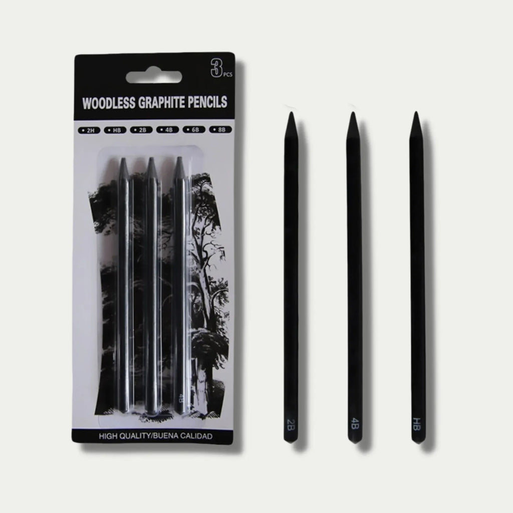 Six wood-free graphite sketching pencils showing different darkness grades from HB to EE