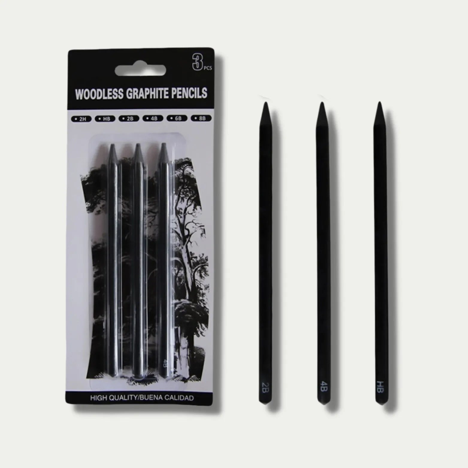 Six wood-free graphite sketching pencils showing different darkness grades from HB to EE