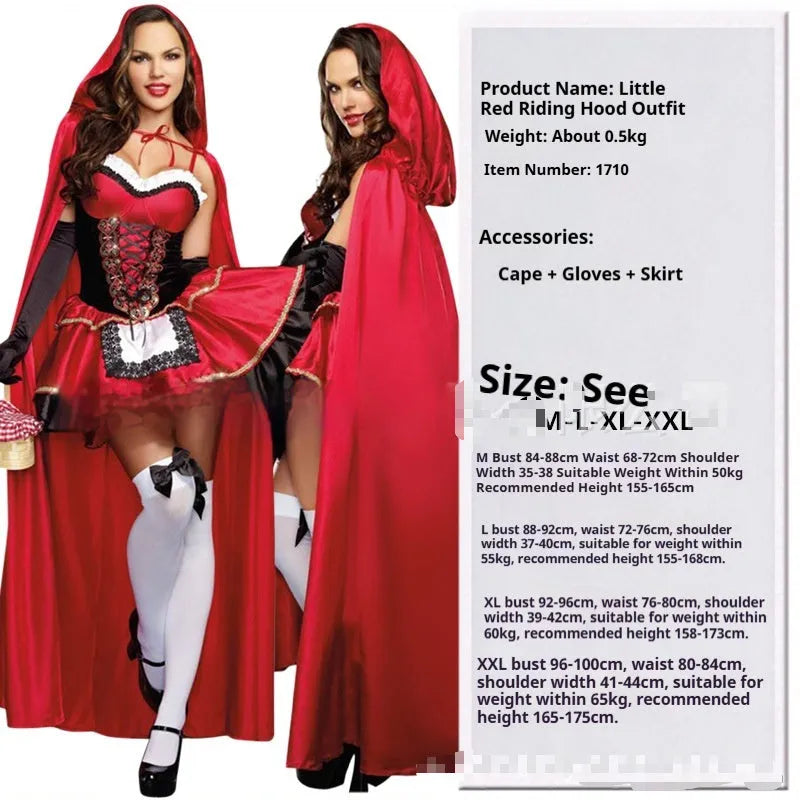 Little Red Riding Hood costume set with dress, shawl, and gloves on a woman standing in a forest scene