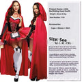 Little Red Riding Hood costume set with dress, shawl, and gloves on a woman standing in a forest scene
