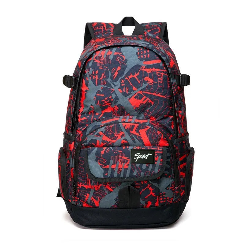 Classic blue nylon backpack with large main compartment and adjustable straps on a plain background.