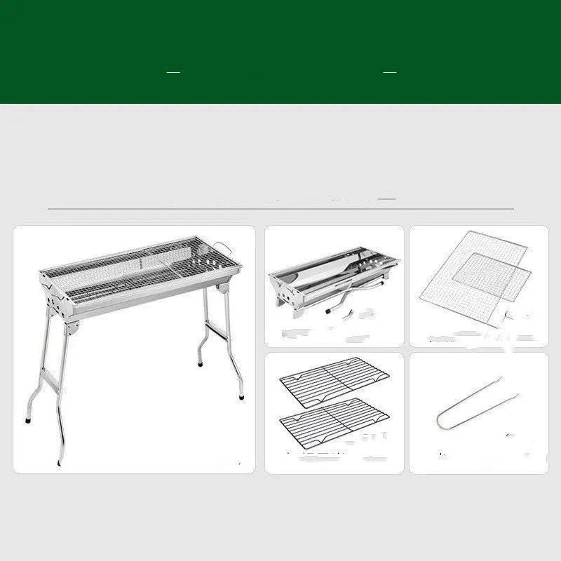 Stainless steel portable folding barbecue oven with grilling surface, shown in natural metal finish.