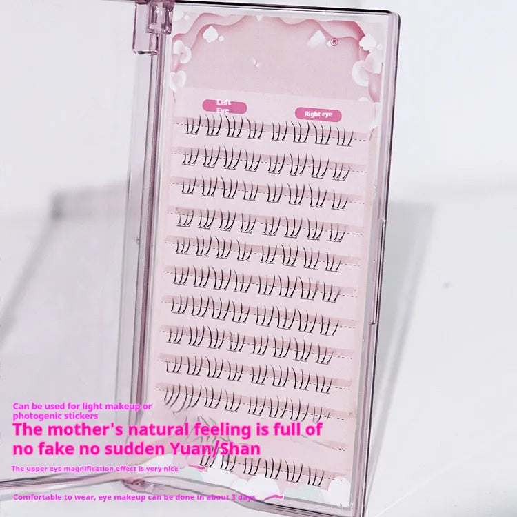 Kitten's paw style false eyelashes with lower lashes on a 12-row segmented sheer root band.