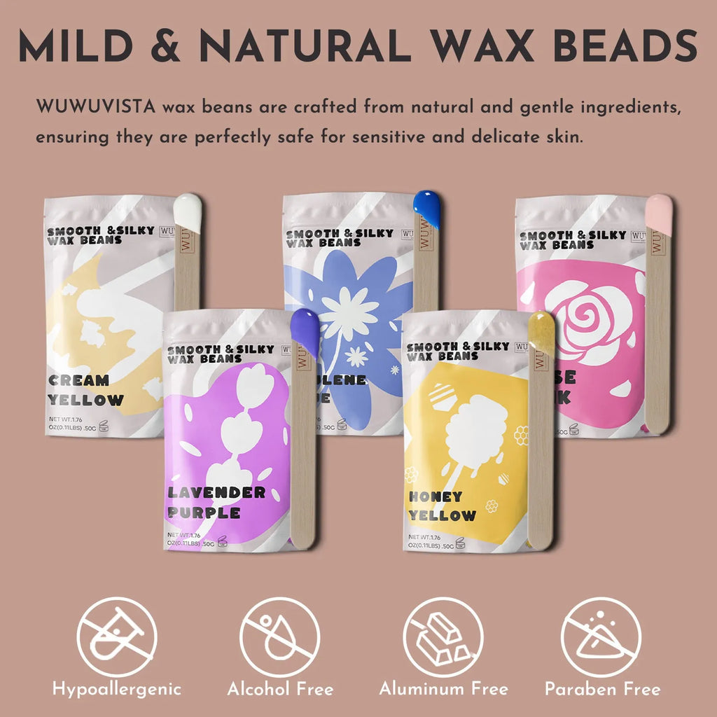 Professional waxing kit with wax warmer, hard wax beans, tools and aftercare products for hair removal