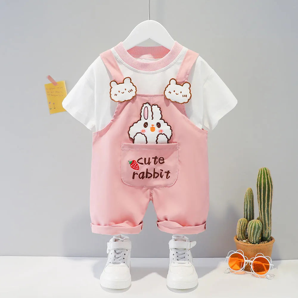 Baby short-sleeved cotton overalls in khaki with cartoon print and adjustable straps