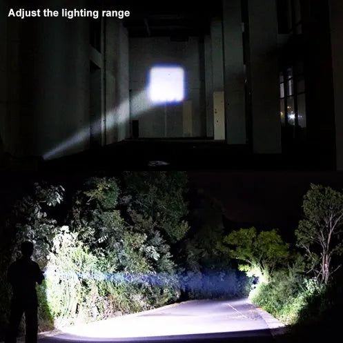 Black aluminium alloy telescopic LED flashlight with zoom adjustment and clip for carrying