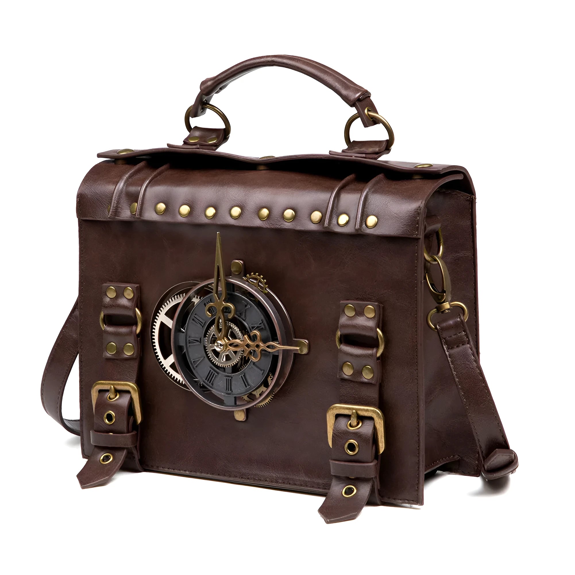 Bronze steampunk industrial retro shoulder bag with metal hardware and square pillow shape.