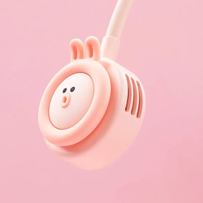Pink leafless hanging neck fan with USB cable on a white background.