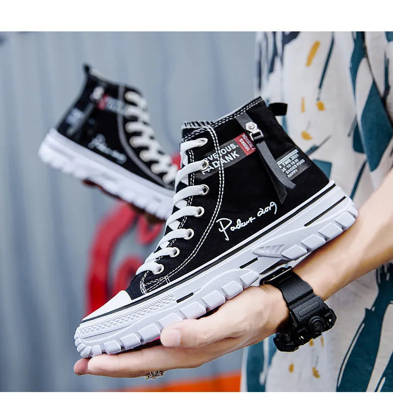 Men's high top canvas lace-up casual shoes in black, round toe, sizes 39-44