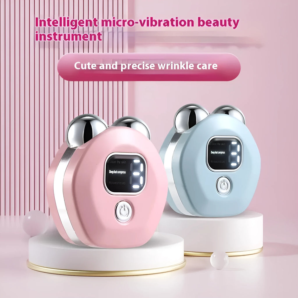 Portable micro current double-roller massage instrument with hot compress function in light blue colour
