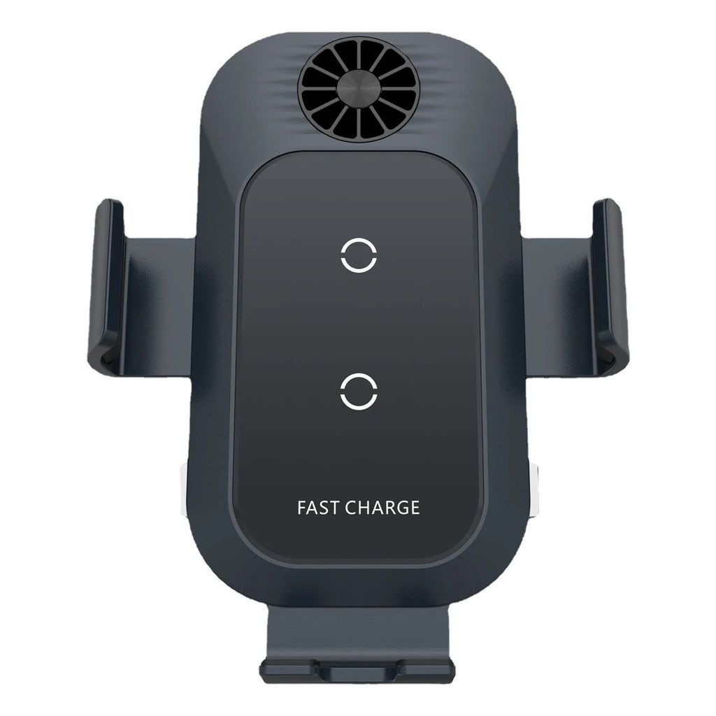 Black car wireless phone charger mounted on a vehicle air vent, showing phone held in auto-clamp.